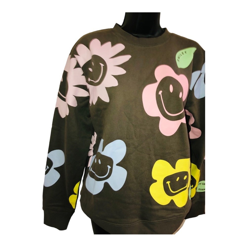 BSR by Samii Ryan dark gray sunflower smiley faces‎ pullover sweatshirt size XS - Picture 6 of 16